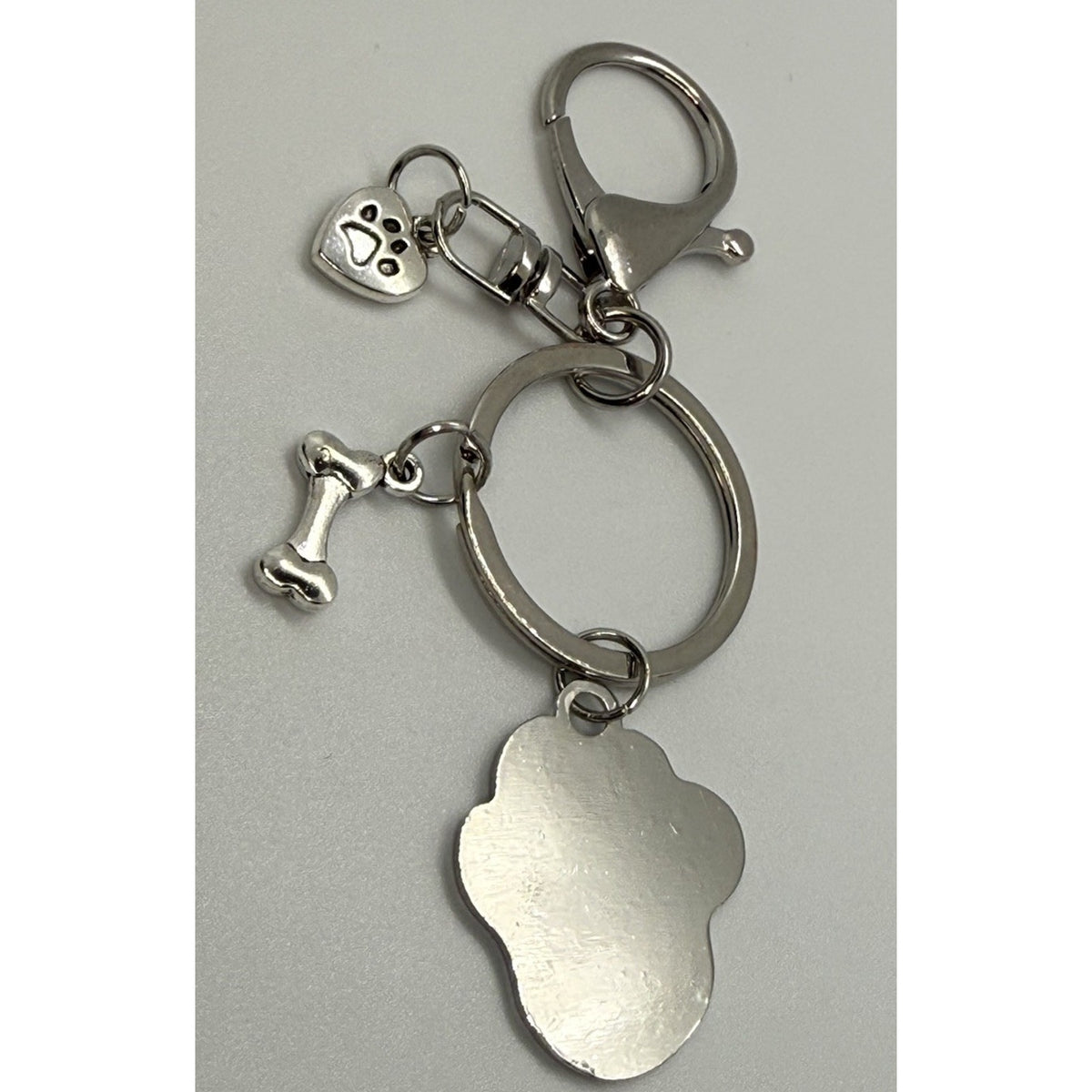 Dog Lover Purse Charm Keychain Paw Print Bone I Love My Dog Silver Tone