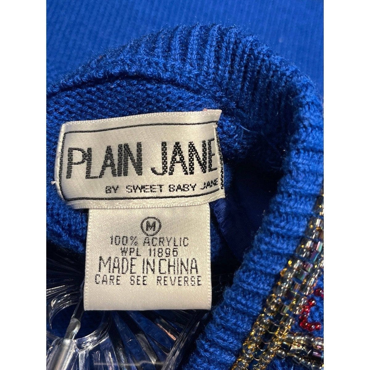 Plain Jane Vintage Blue Beaded Midi Length Long Sleeve Sweater Dress SizeMedium
