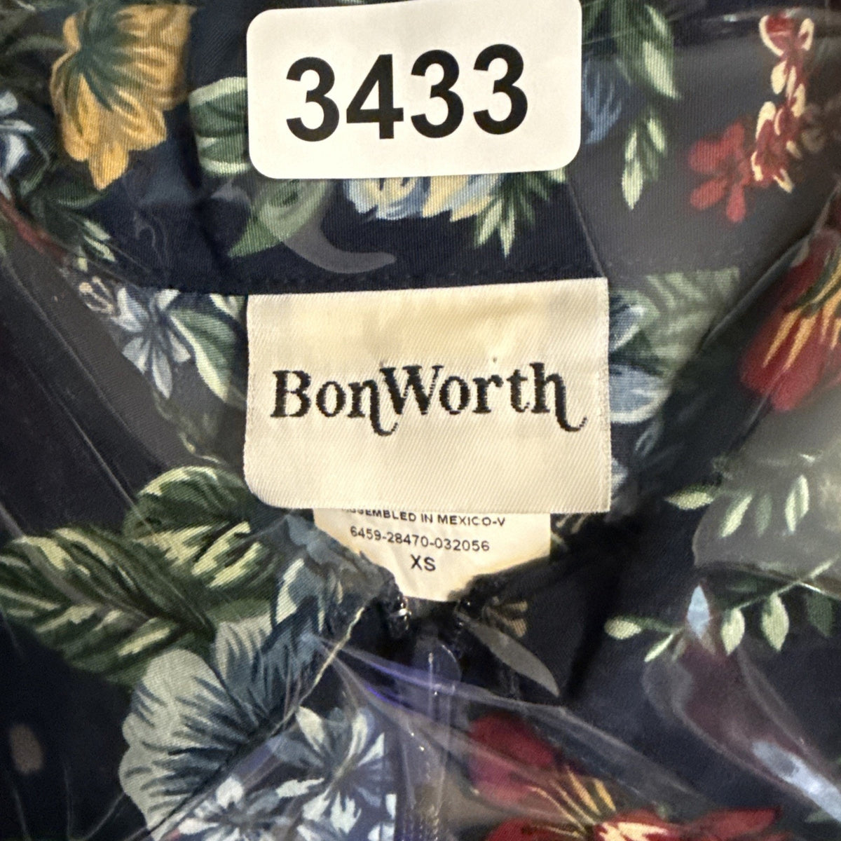BonWorth Women's Size XS Navy Blue Floral Print Long Sleeve Full Zip Blouse