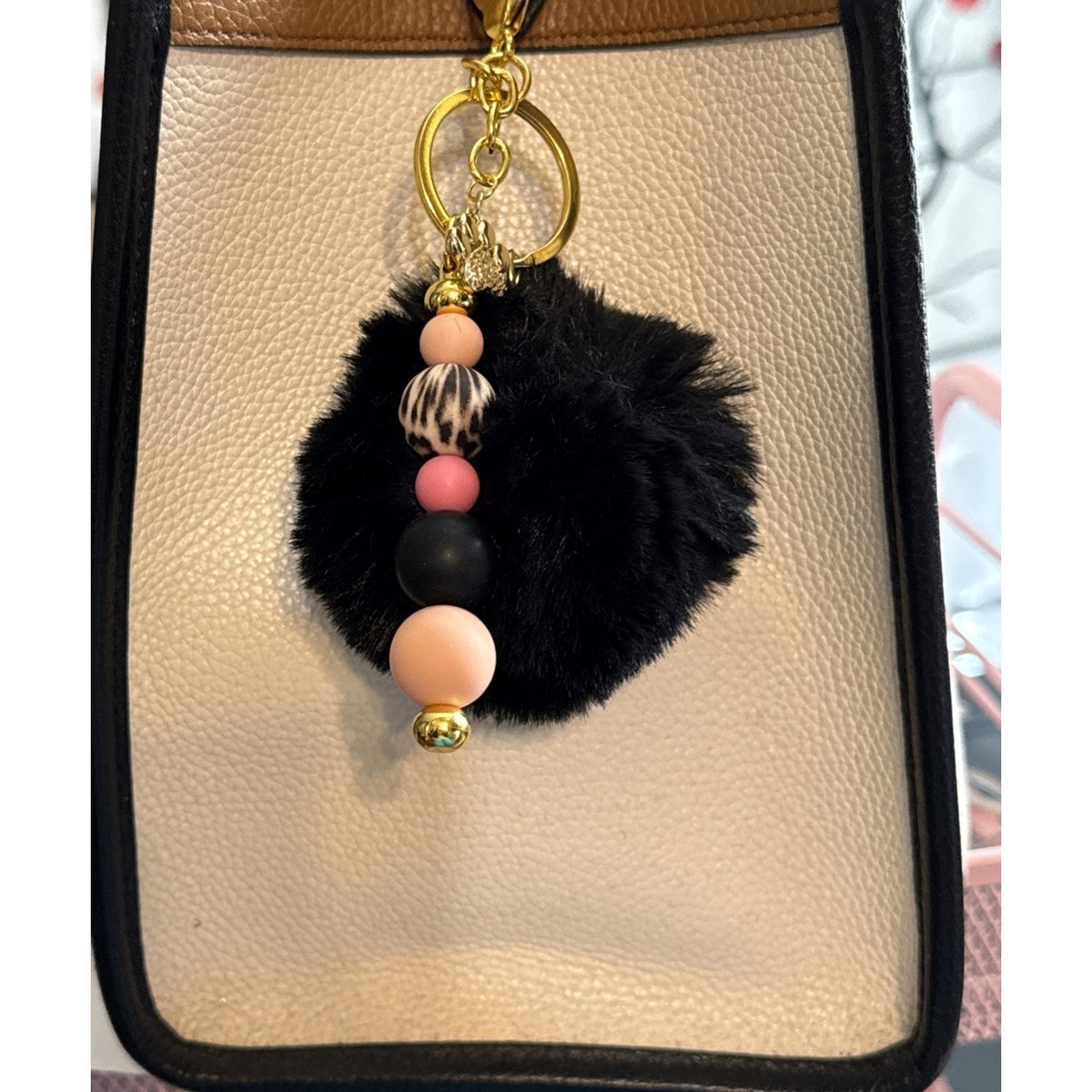 Keychain Gold Dog Paw Charm Black Pom Pom Purse Charm Neutral Chic