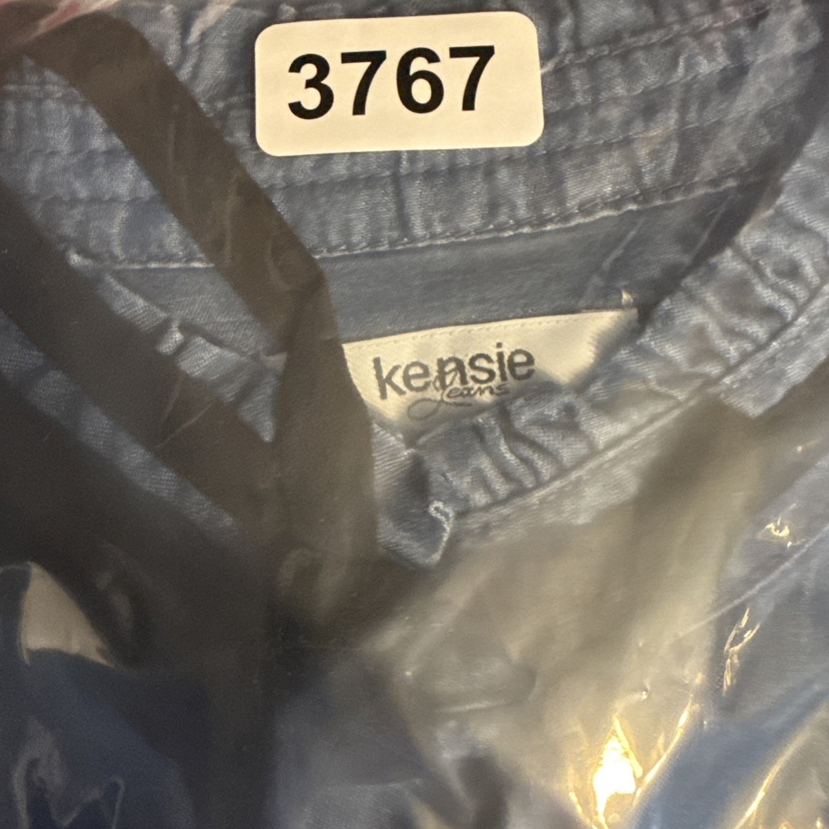 Kensie Jeans XL Chambray Button-Up Blouse Blue Ruffle Tie Neck Lyocell Top