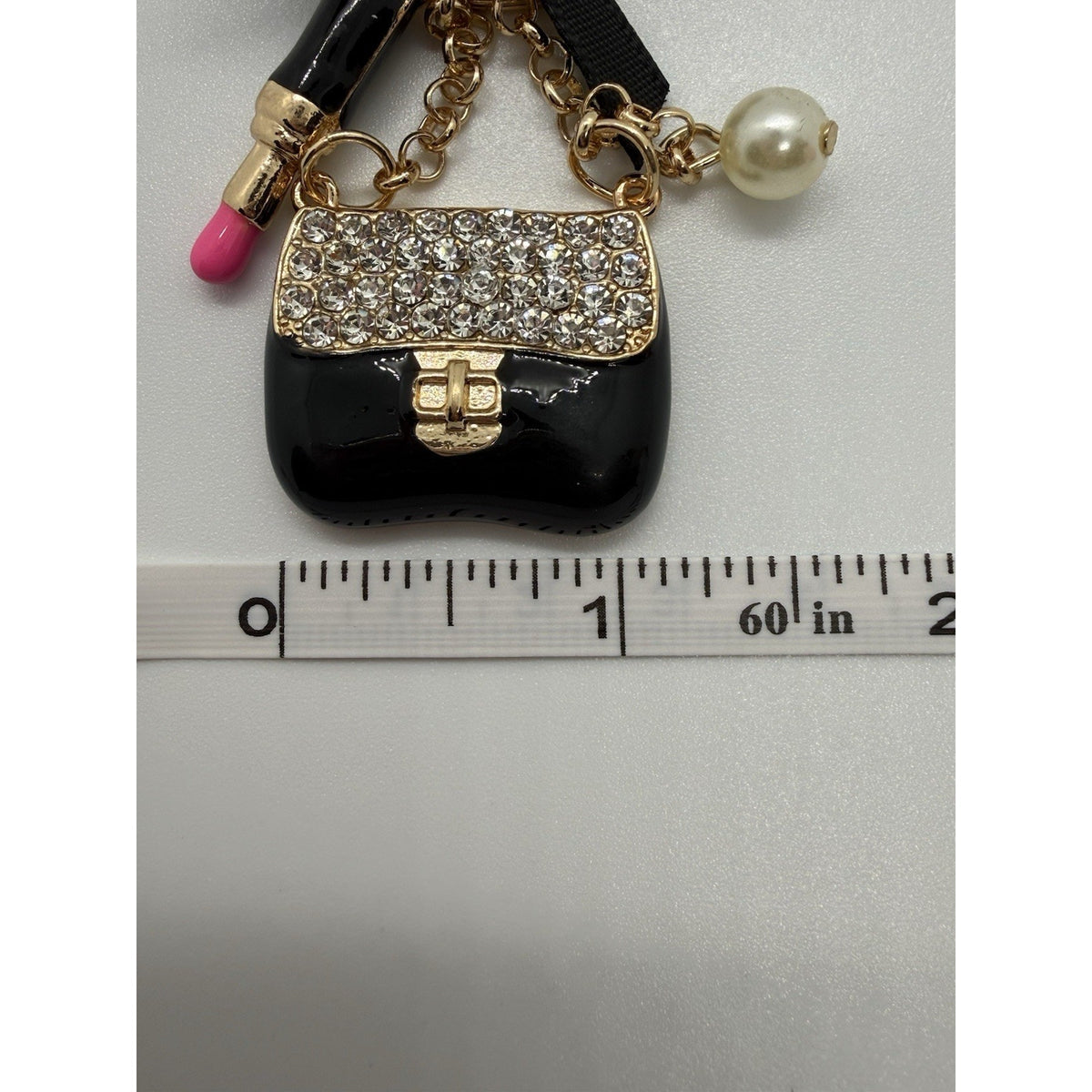 Handbag Purse Charm Keychain Women’s Rhinestone Bag Lipstick Gold Tone Keyring