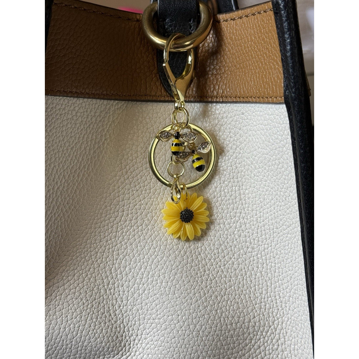 Gold Bee Sunflower Keychain Charm Rhinestone Bumblebee Floral Purse Bag Key Ring