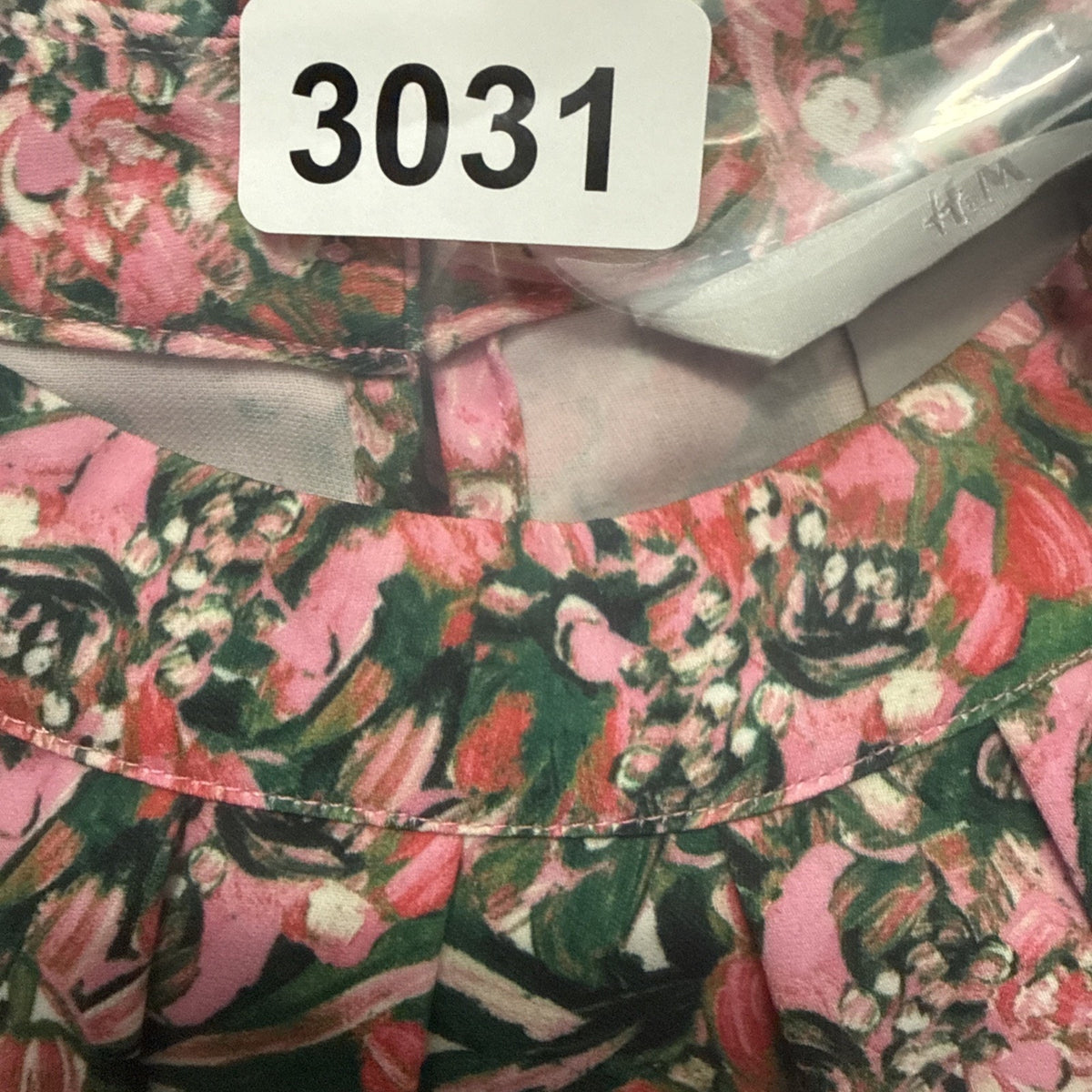 H&M Long Sleeve Pink & Green Midi Dress Size 4 High Neck Open Back Lightweight