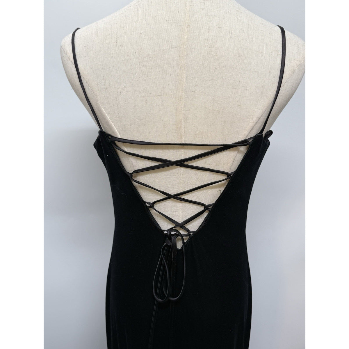 VTG 90s Betsy & Adam Black Velvet LaceUp Maxi Dress Red Rosettes 11/12 Flawed