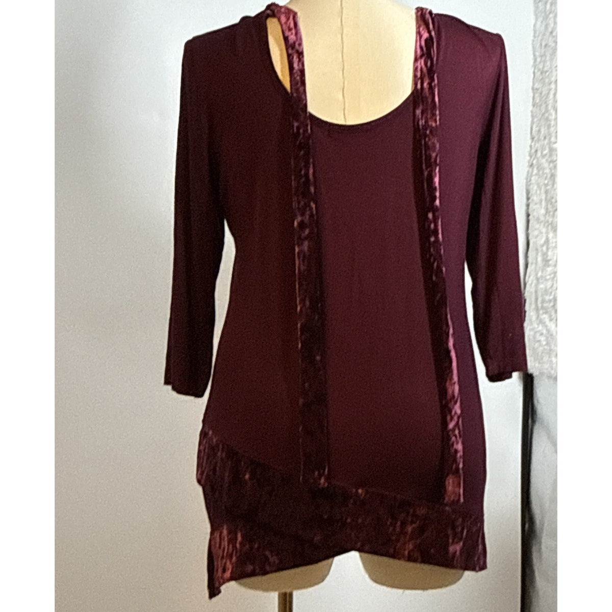 Cha Cha Vente Womens Plus Burgundy Scoop Neck Tunic 3/4 Sleeve Stretch Velvet