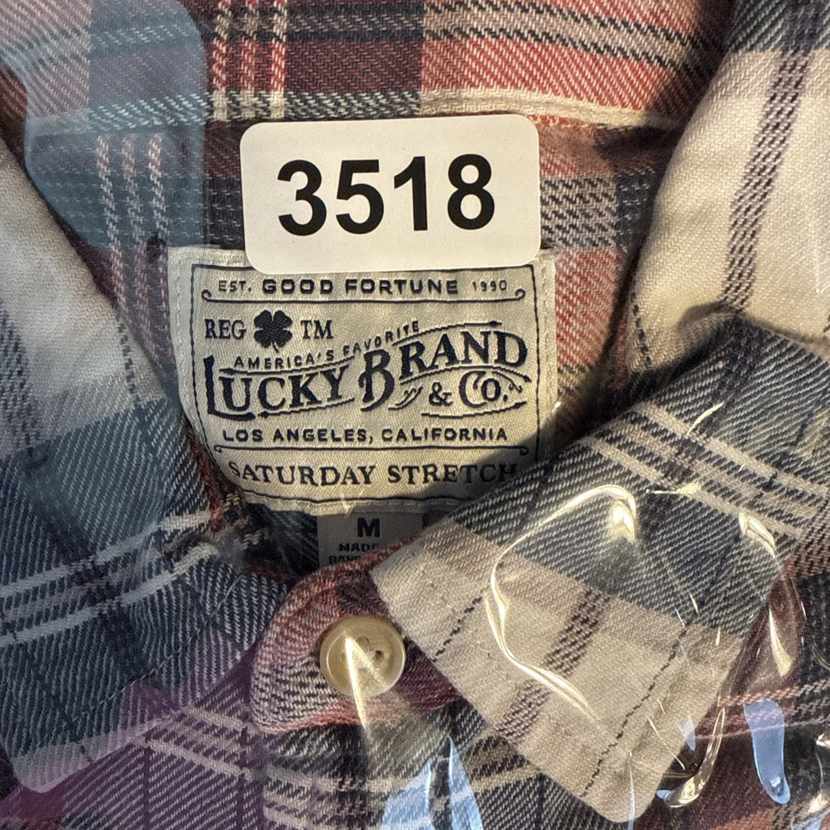 Lucky Brand Saturday Stretch Plaid Flannel Shirt Mens Medium M Rose Pink Blue