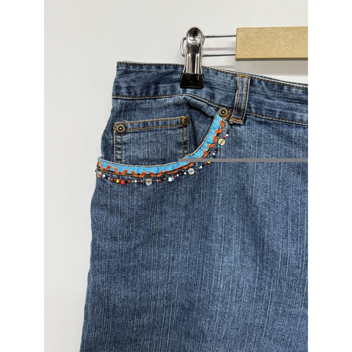 Ruby Rd Capri Jeans Womens 14 Embellished Beaded Fringe Hem Stretch Denim Blue
