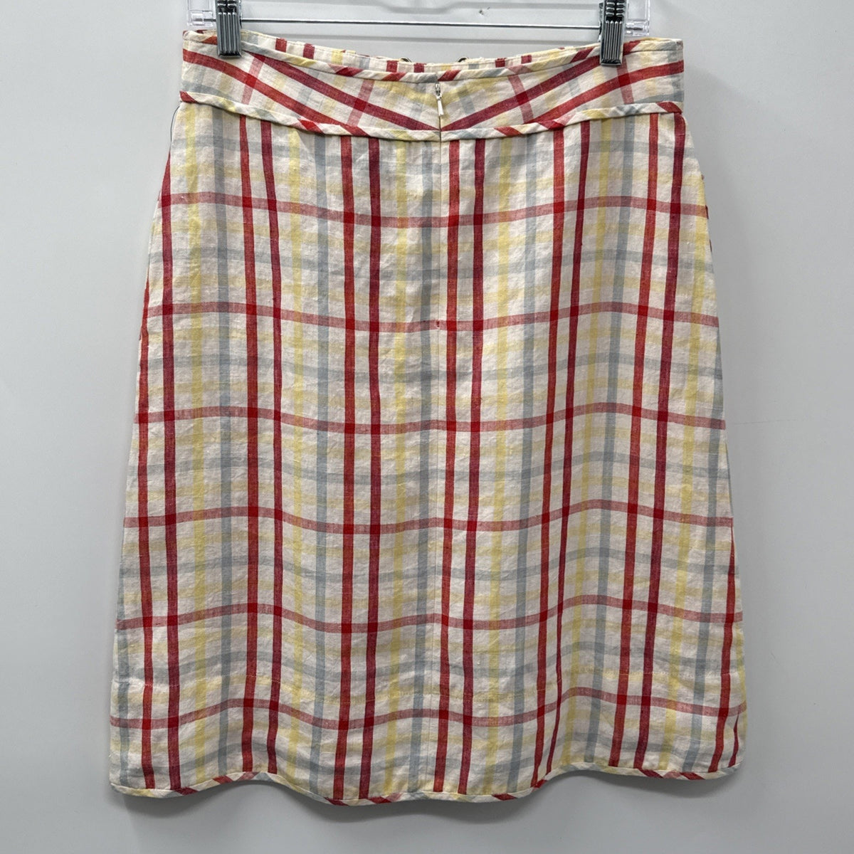 DKNY NWT 100% Linen Plaid Skirt Size 6 Vegas Red Ring Detail Pockets $198 MSRP