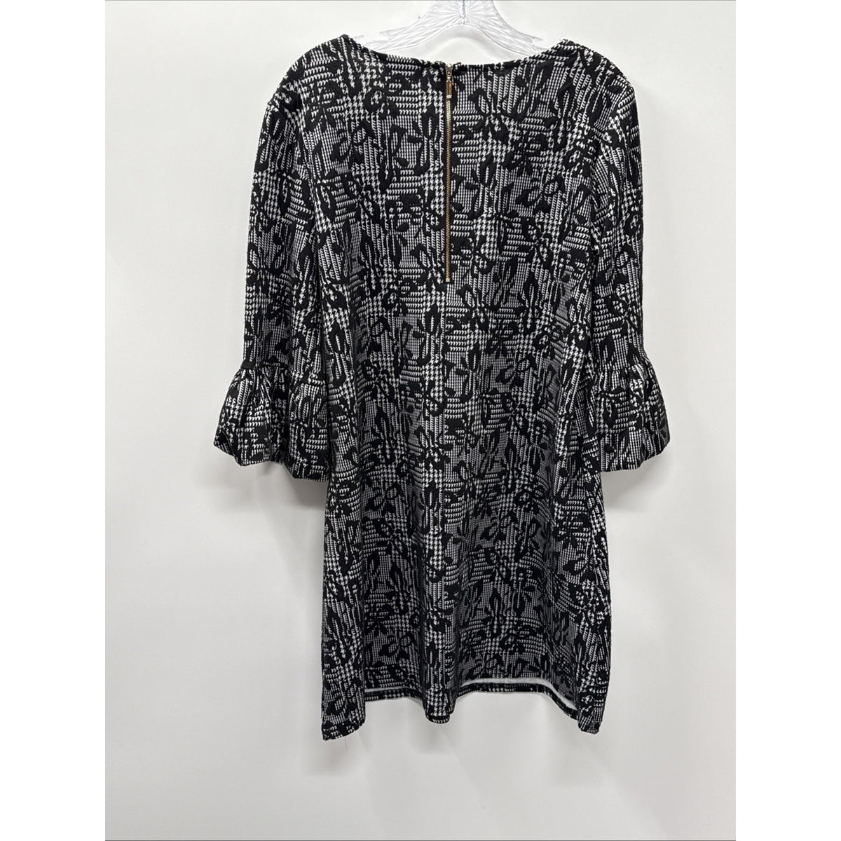 Nina Leonard Shift Dress Womens L Black White Houndstooth Plaid Textured Flower