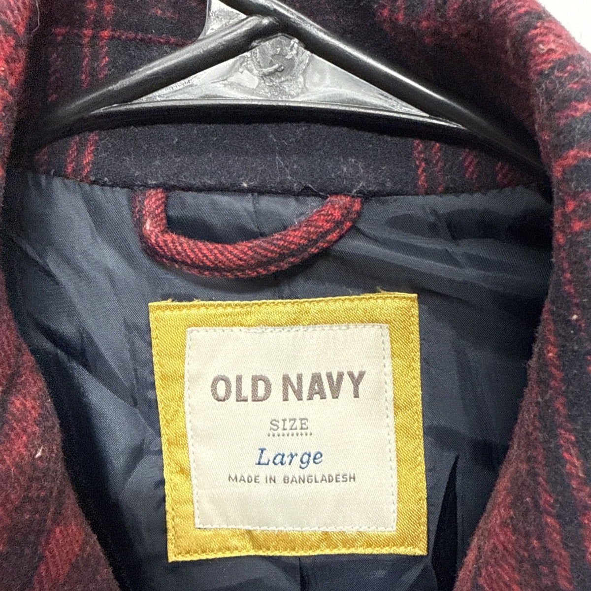 Old Navy Recycled Wool Blend Red Plaid Double Breasted Jacket Pea Coat Sz L