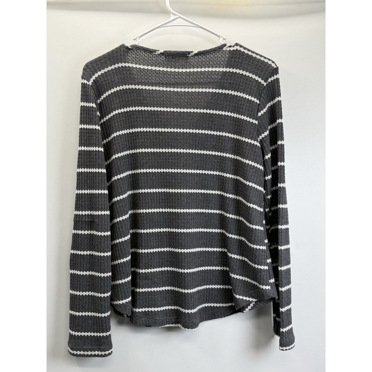 Altar'd State Top Womens Small Waffle Knit Grey White Stripe V Neck Long Sleeve