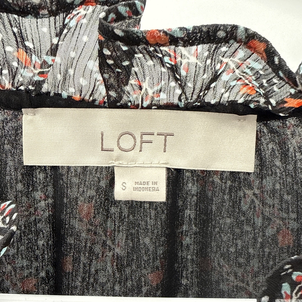 LOFT Black Floral Ruffle Neck Blouse Small Long Sleeve Lightweight Top