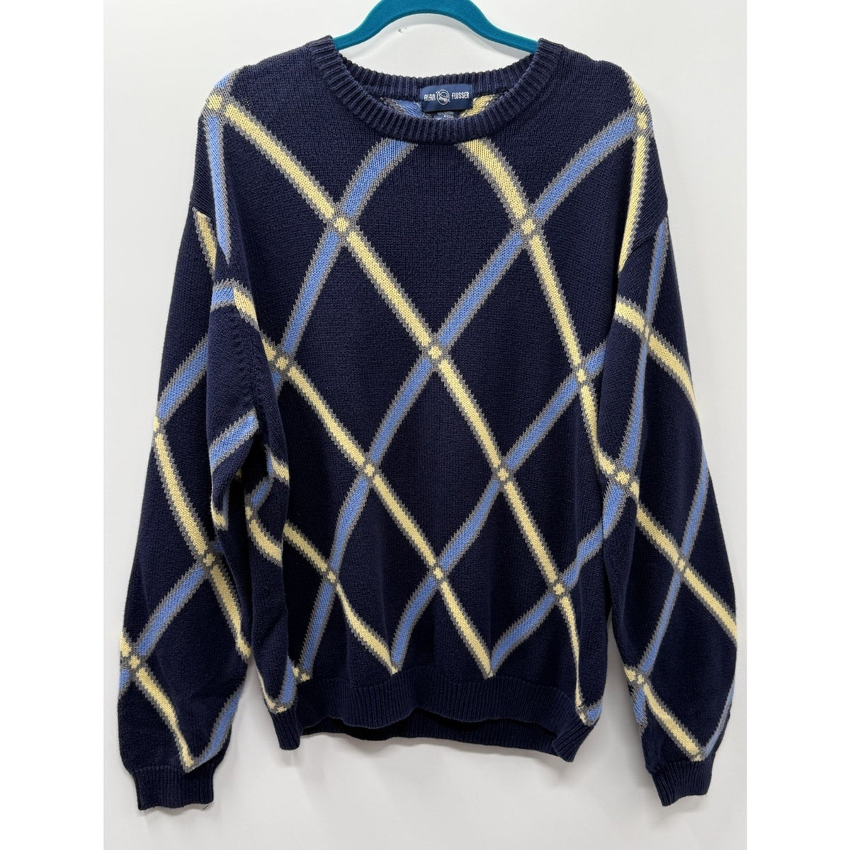 Alan Fusser Men L 100% Cotton Argyle Sweater Navy Blue Yellow Preppy Crewneck