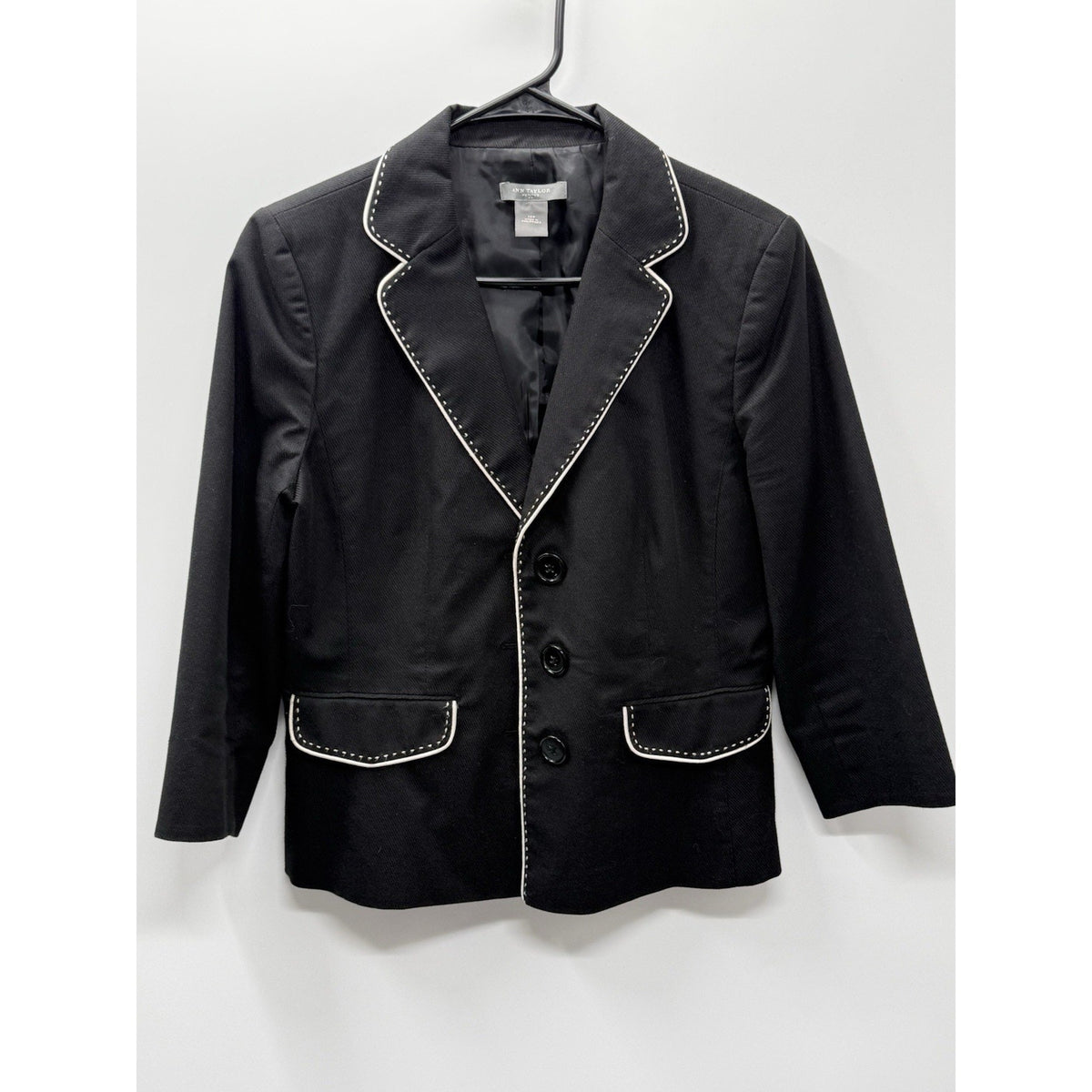 Ann Taylor Petites 10P Black Blazer White Contrast Trim Career Jacket 3 Button