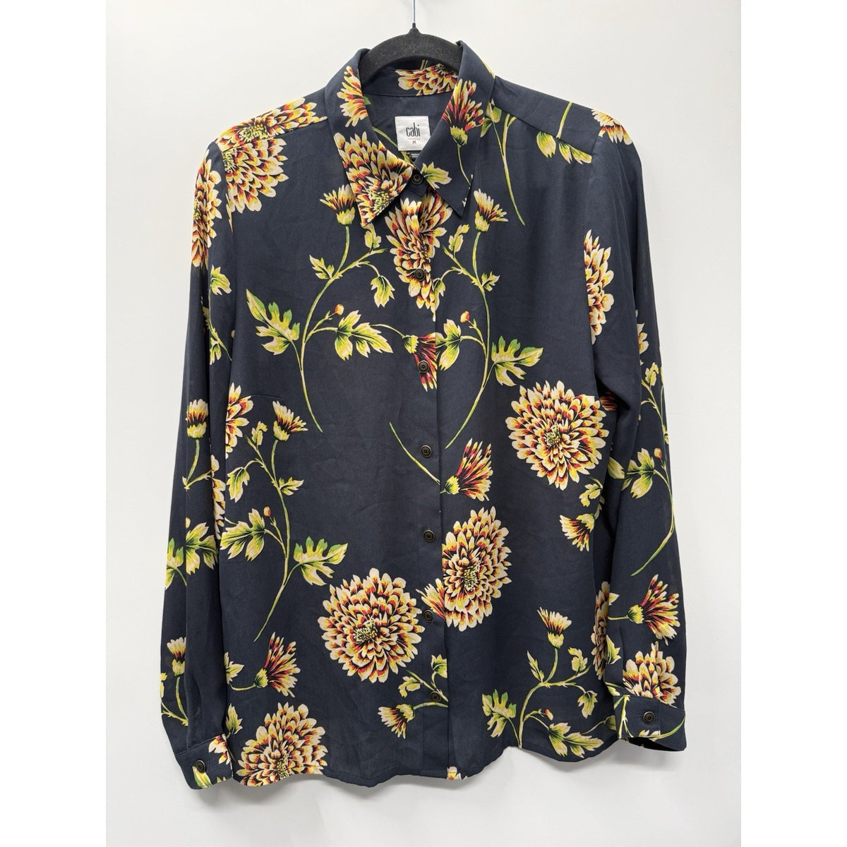 Cabi Shirt Women’s Button Up Daisy Floral Blue LS Size Medium Polyester Boho