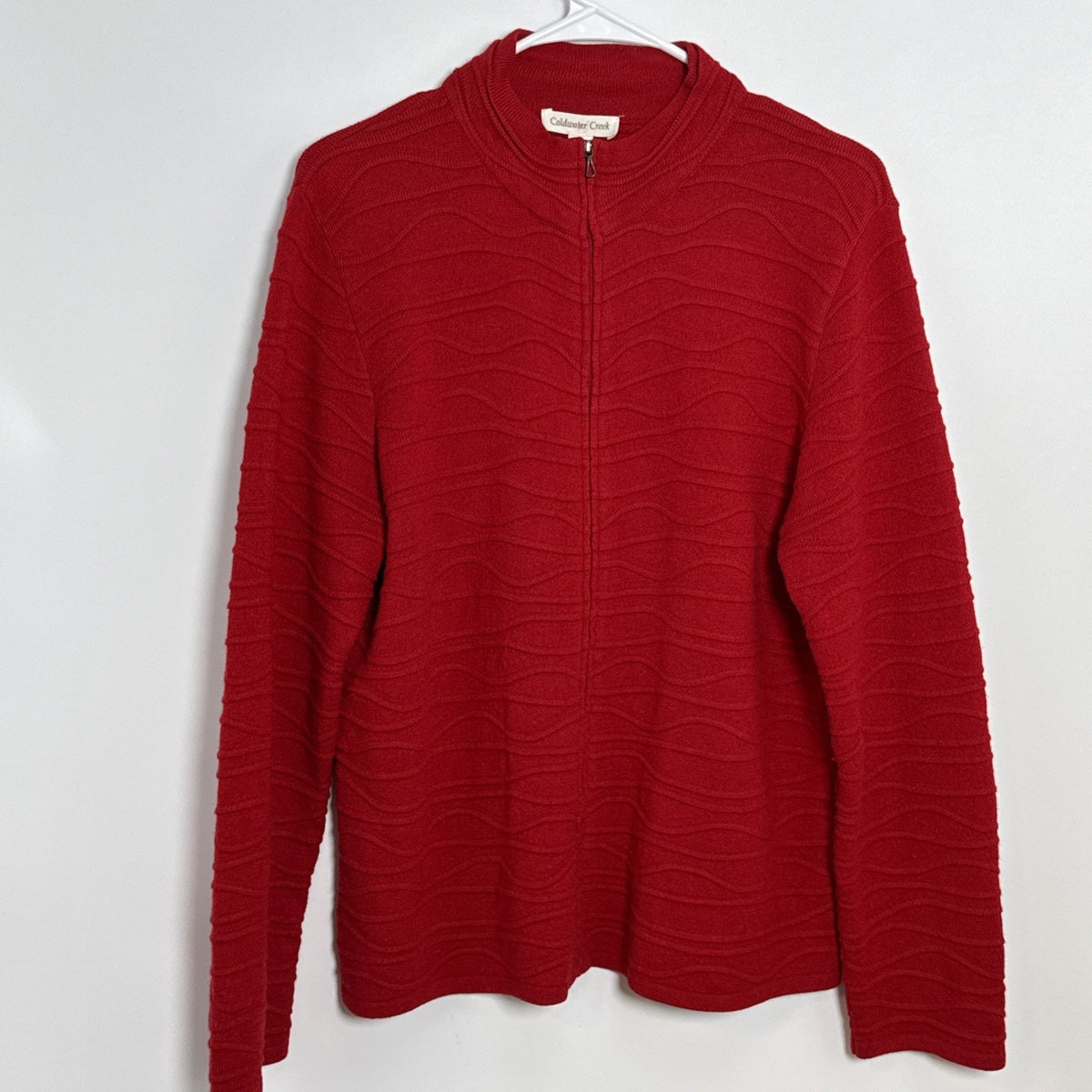 Coldwater Creek Women’s Red Zip Cardigan Knit Sweater Size Large Wavy Textured