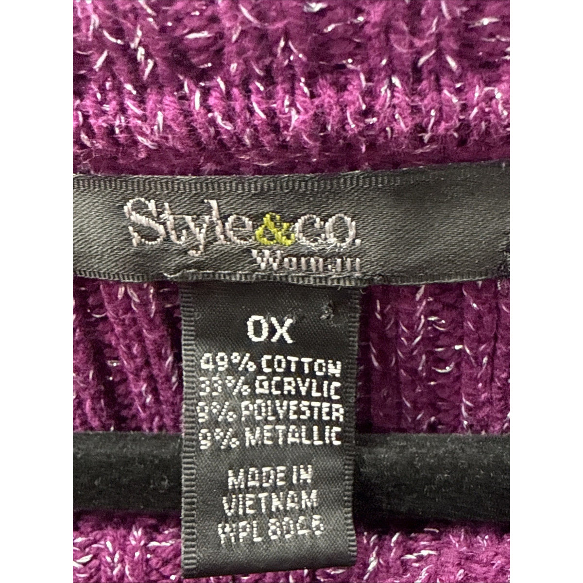 Style & Co Womens 0X Purple Metallic Cable Knit Sweater Wide Collar Shimmer