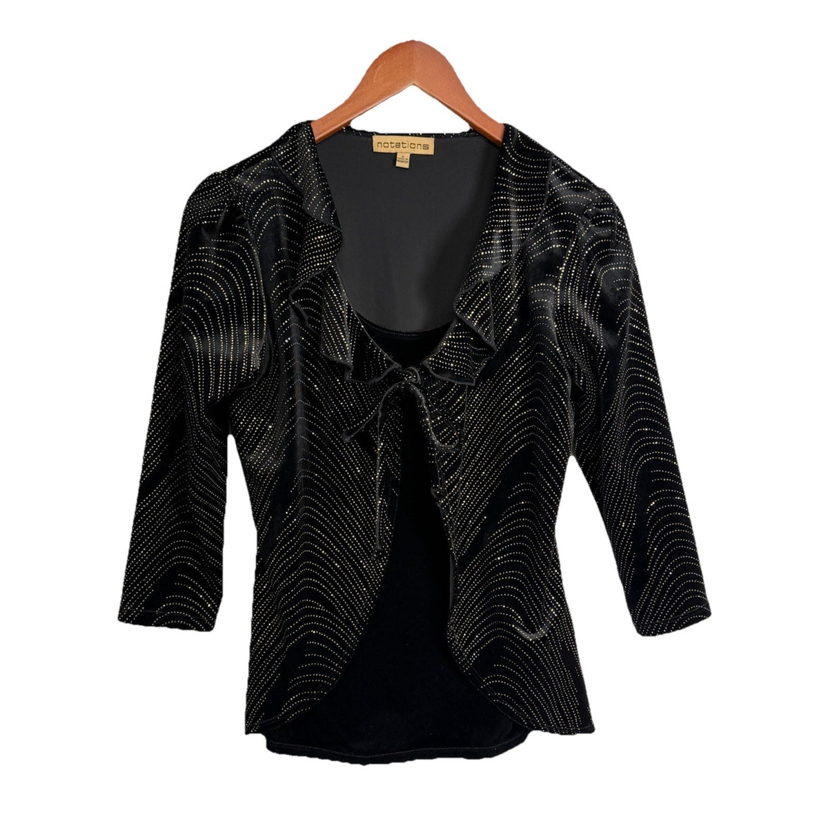 Notations Black Faux Twinset Women’s Velvet Gold Dot Open Front Jacket Top Sz S