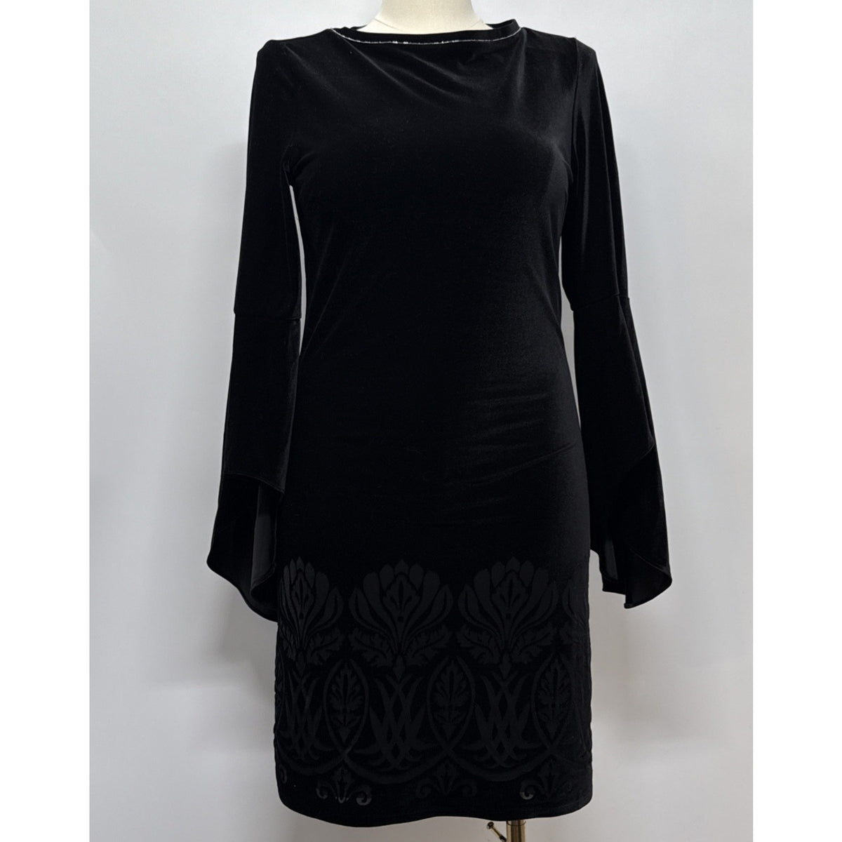 The Limited Medium Black Velvet Bell Sleeve Dress Burnout Damask Boho Cocktail