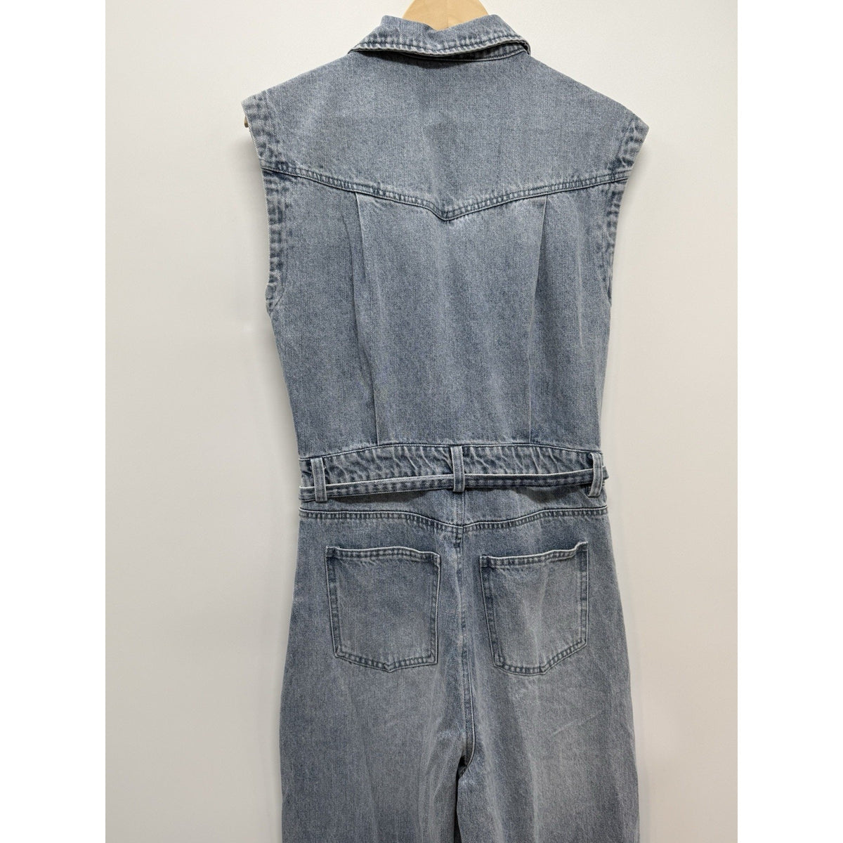 VICI Blue Denim Jumpsuit Womens S Sleeveless Collared Wide Leg Belted Pockets