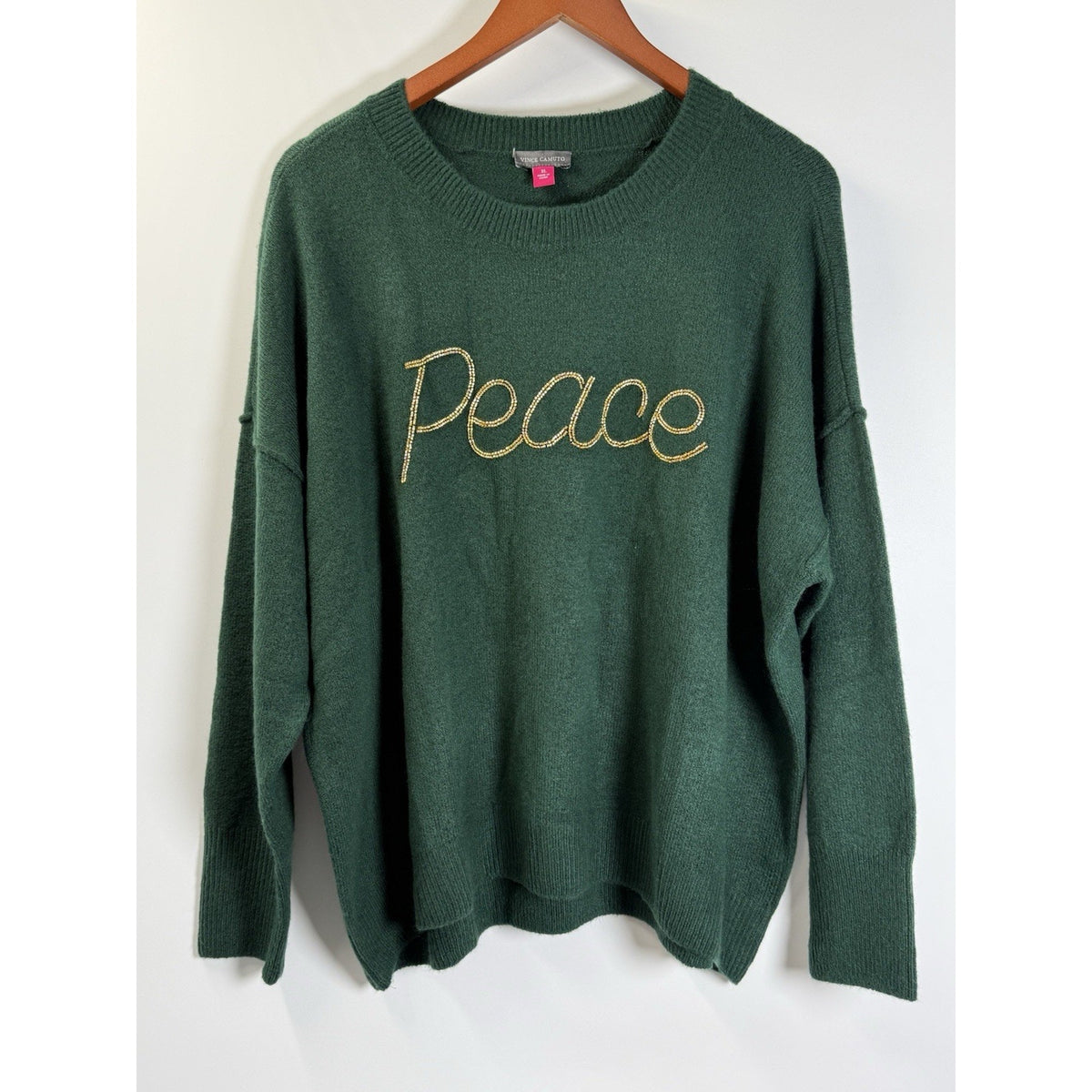 Vince Camuto Sweater XL Green “Peace” Beaded Crewneck Soft Knit Casual Cozy