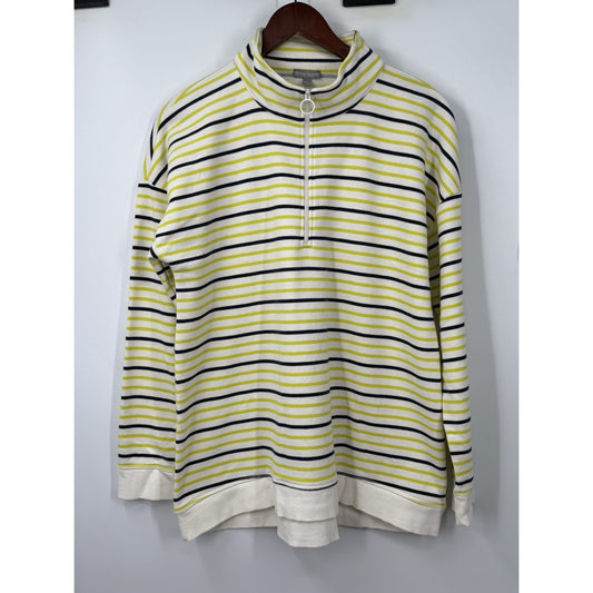 T by Talbots Women’s Striped Quarter Zip Pullover Top Large Yellow White Cotton