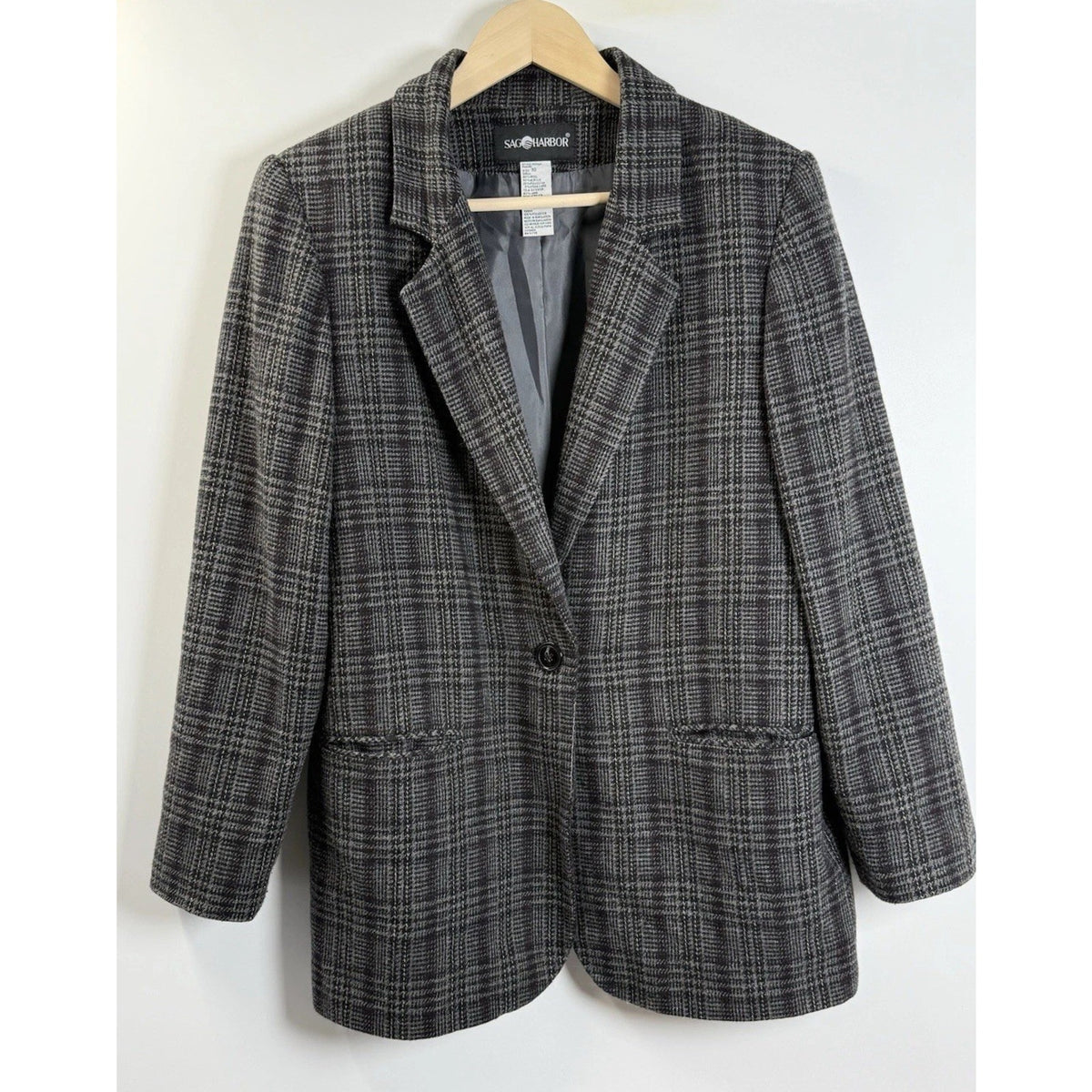 Sag Harbor Wool Blend Plaid Blazer Jacket Size 10 Gray Academia Classic