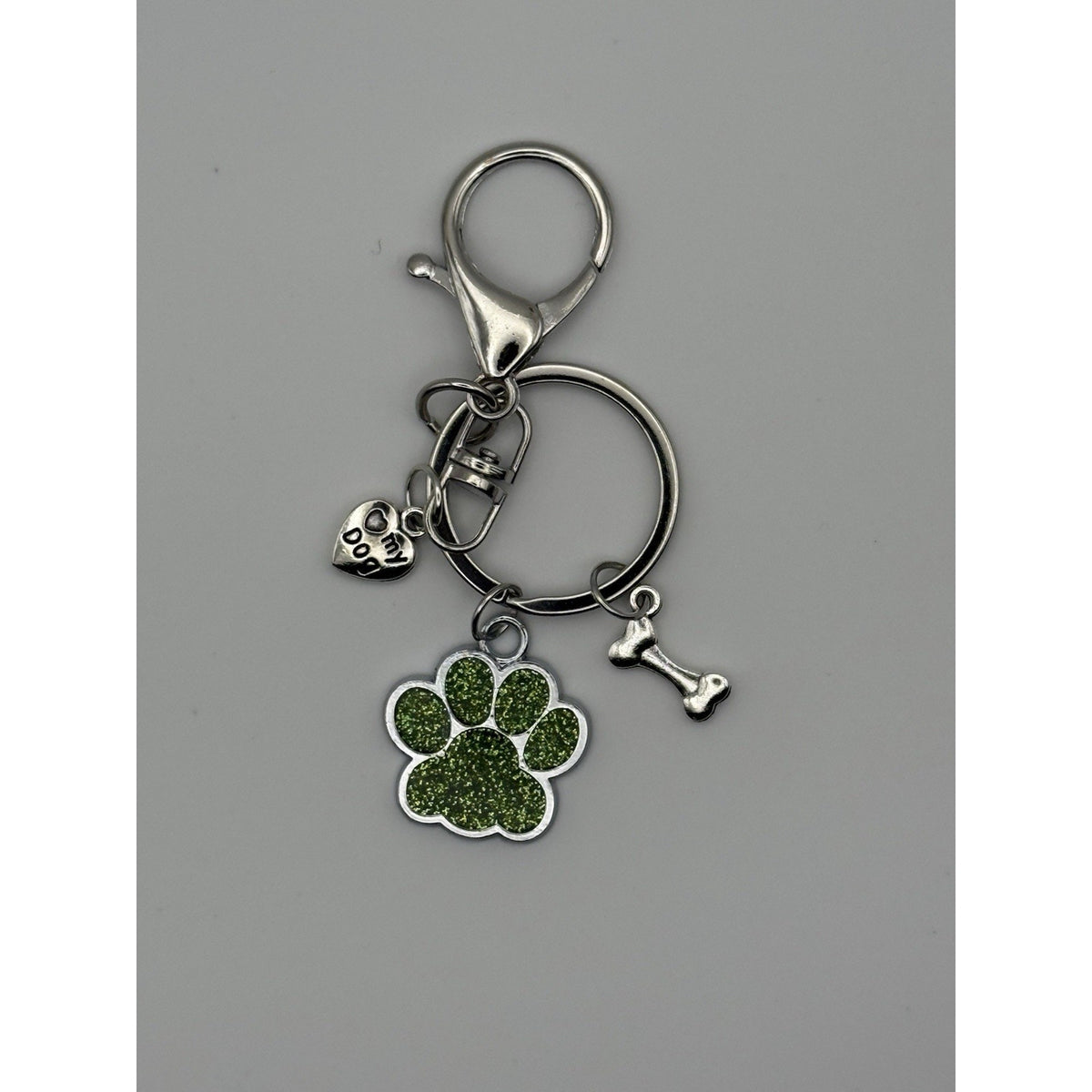 Emerald Forest Paw Dog Keychain Purse Charm Glitter Paw Print Bone Gift
