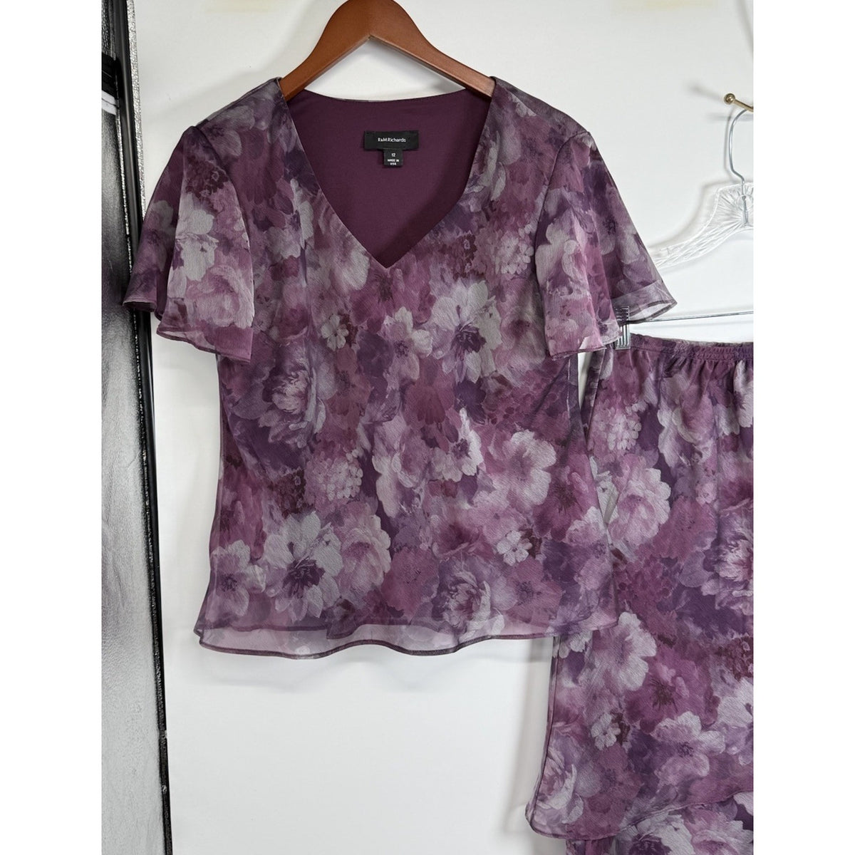 R&M Richards Purple Floral Chiffon Dress Set Size 12 Sheer Layered Romantic