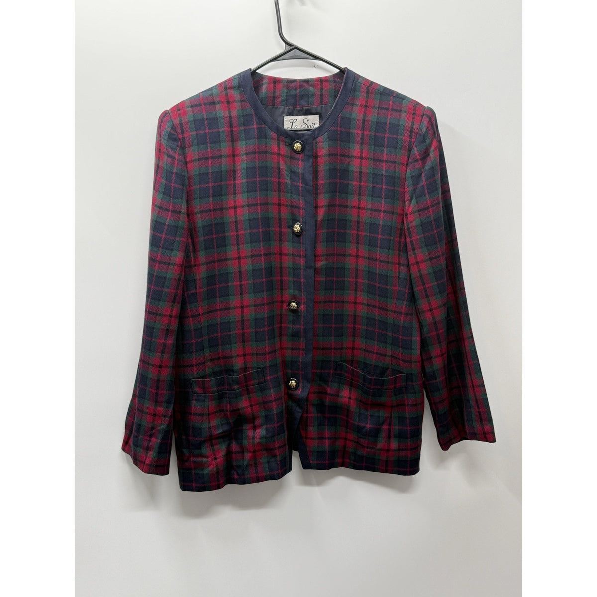 Le Suit 100% Rayon Plaid Blazer Jacket Womens 18 Red Green Tartan Gold Button