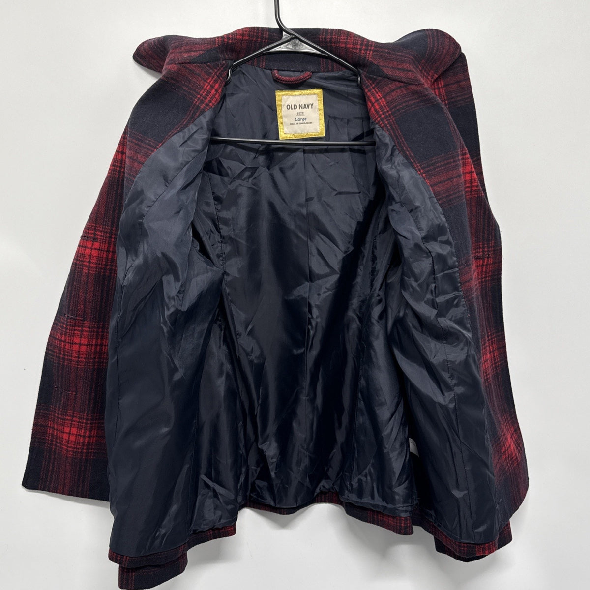 Old Navy Recycled Wool Blend Red Plaid Double Breasted Jacket Pea Coat Sz L