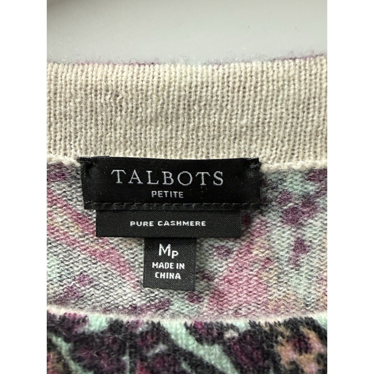 Talbots Petite 100% Cashmere Knit Paisley Crew Neck 3/4 Sleeve Pullover