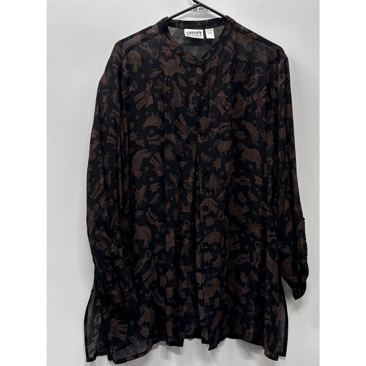 Chicos Design Black Brown Animal Print Long Sleeve Button Up Shirt Sz 3 / US XL
