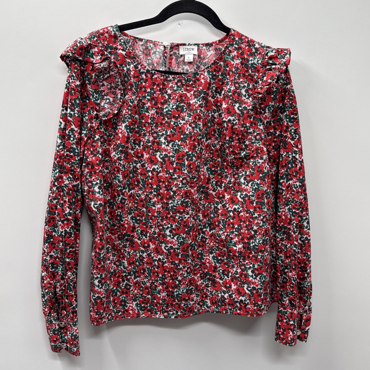 J Crew Blouse Red Green Black Ruffle Sparkly Buttons L Cotton Shirt Boho