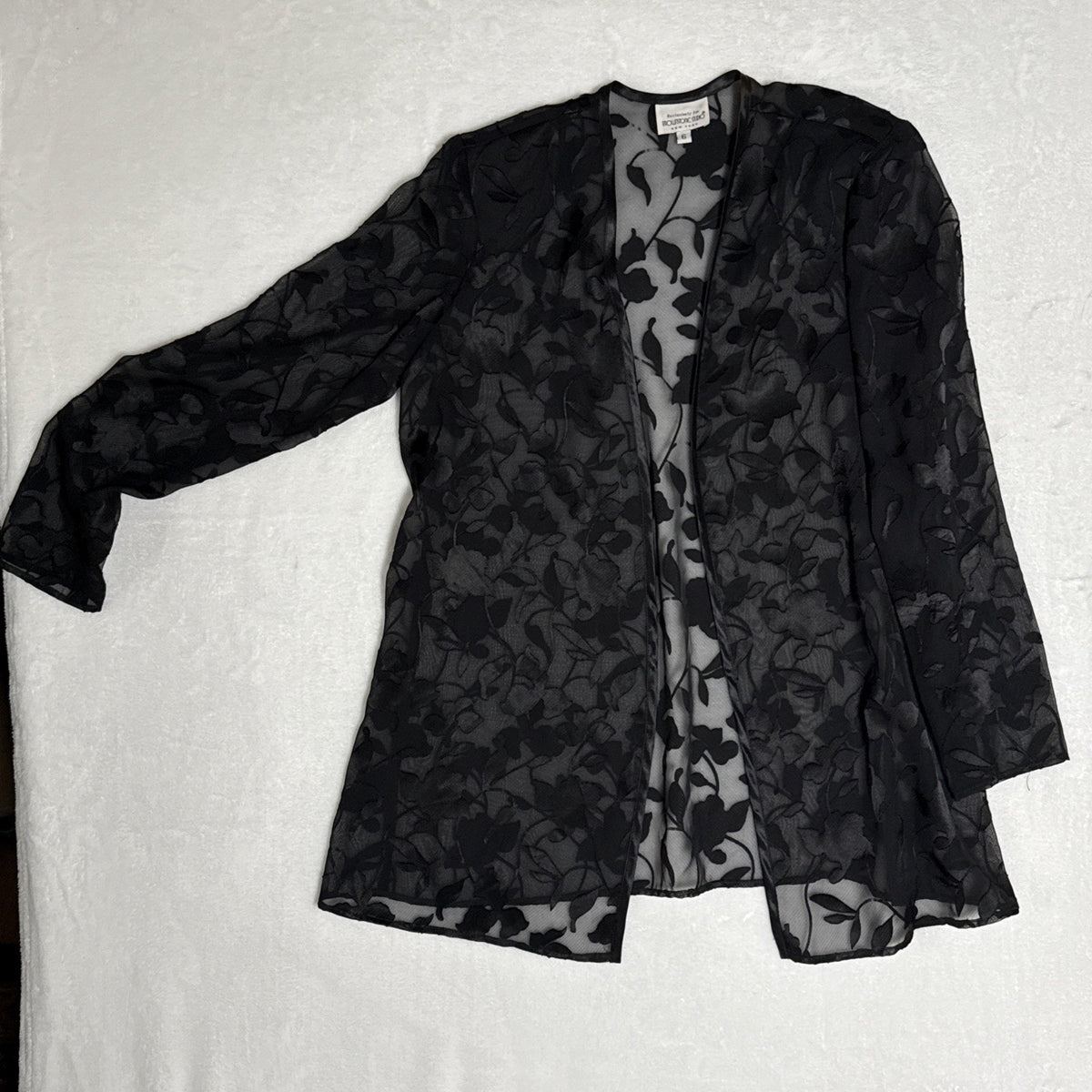 Black Sheer Burnout Floral Jacket Open Front Long Sleeve Size 6 Dark Romantic