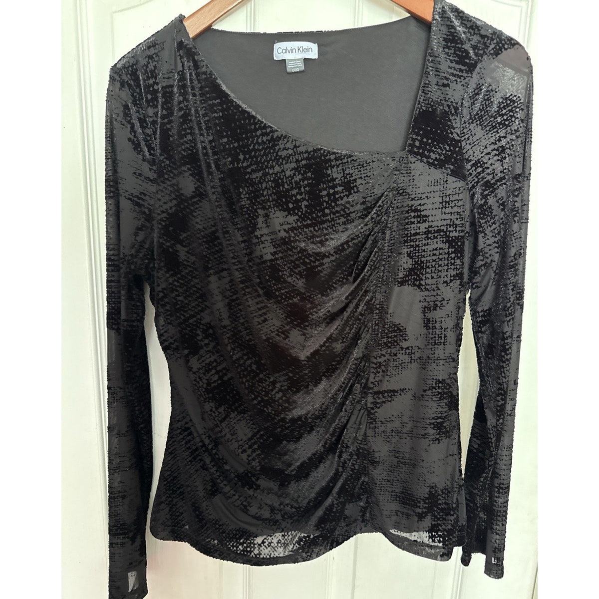 Calvin Klein Large Black Flocked Mesh Top Lined Asymmetrical Ruched Stretch