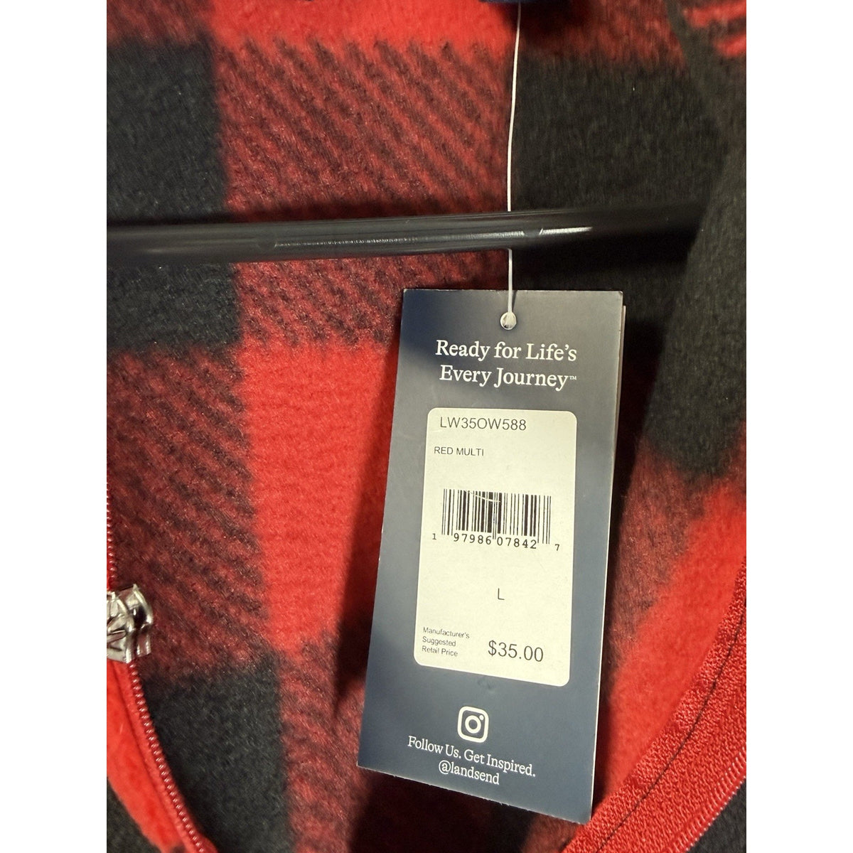 Lands End Women's L Buffalo Plaid Fleece 1/4 Zip Pullover Red Black NWT Flawed