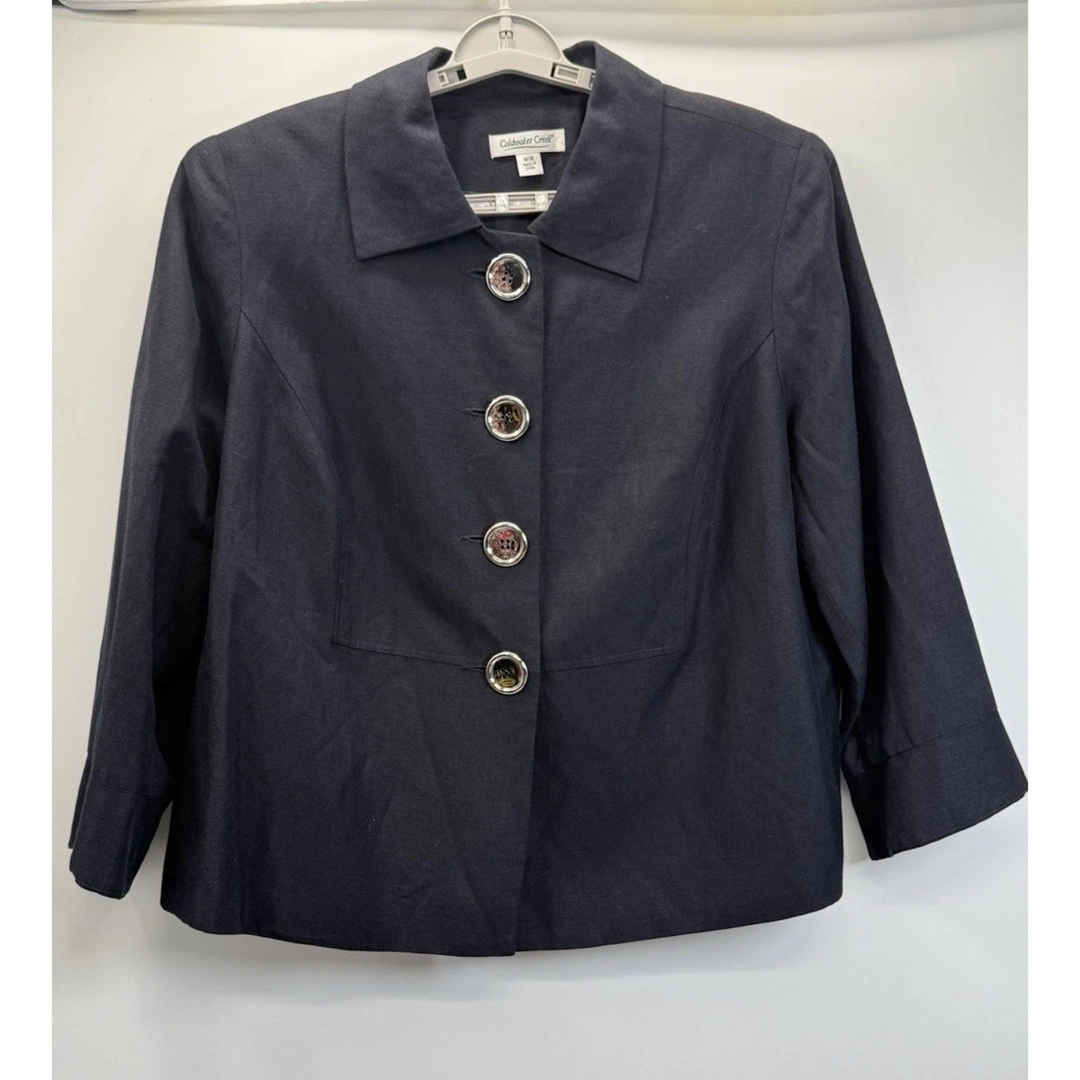 Coldwater Creek Black Linen Blend Jacket W18 Gold Button Cropped Blazer Career