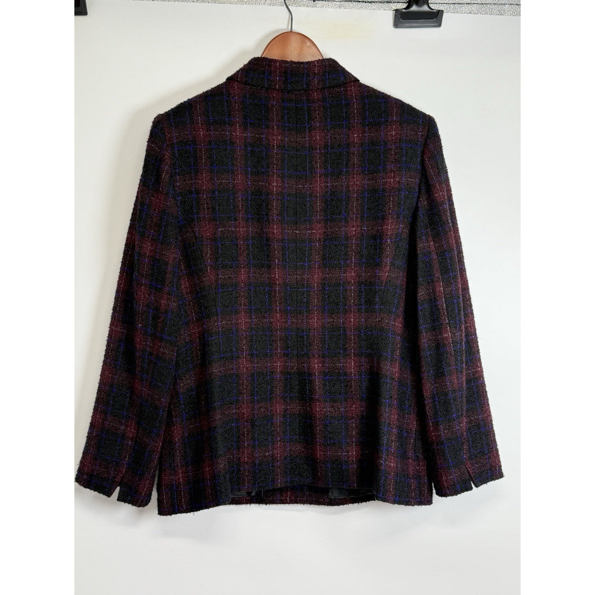 Kasper Plaid Wool Blend Button Front Jacket Blazer Size 12 Burgundy Black