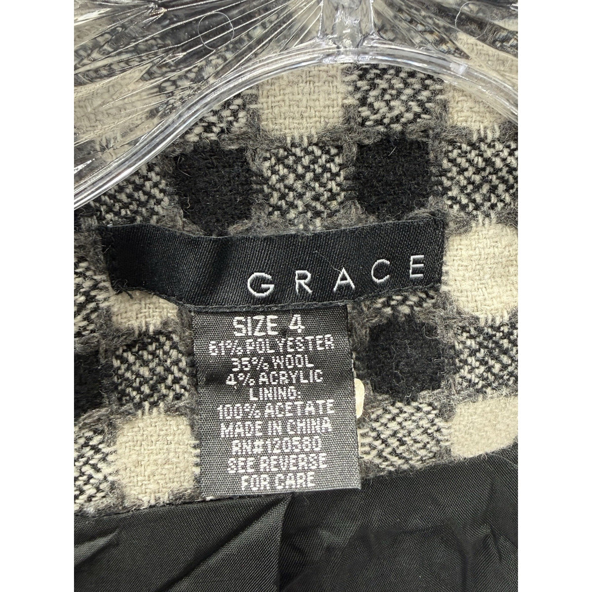 Grace Wool Blend Jacket Womens Size 4 Black Ivory Check Missing Belt Lined