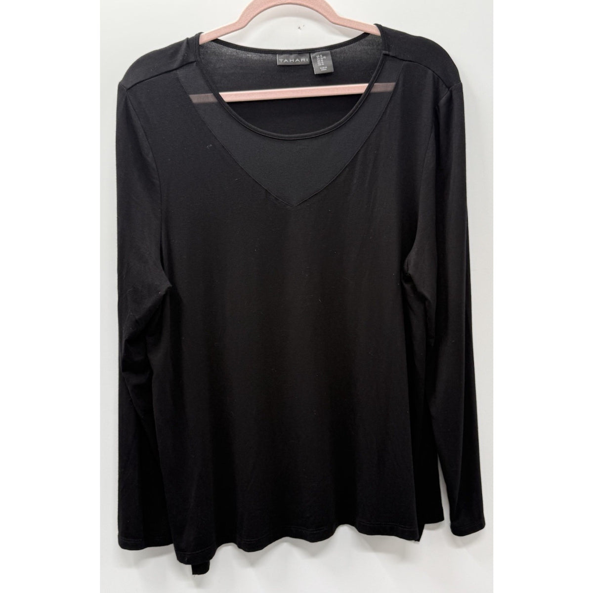 Tahari XL Black Long Sleeve V-Neck Sheer Insert Top Lagenlook Career Minimalist