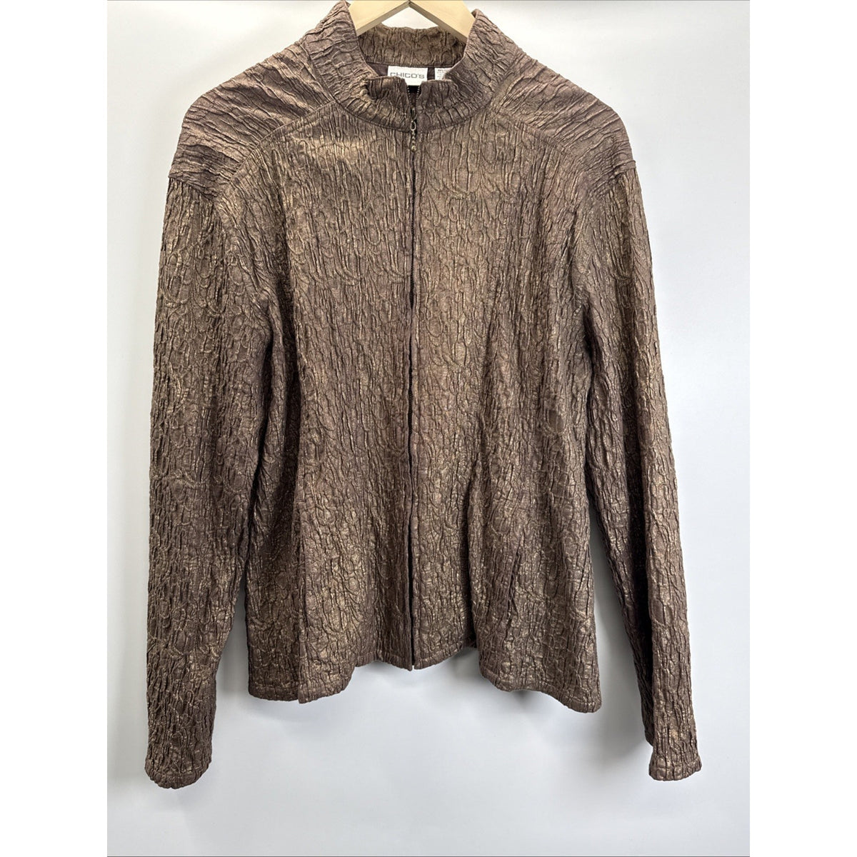 Chico's 2 Women's Metallic Gold Bronze Crinkle Texture Full Zip Jacket Coat Top