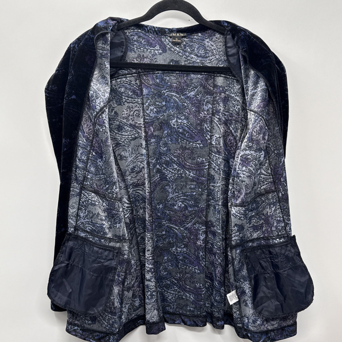 IMAN Velvet Paisley Drapey Blazer Jacket Blue Purple Stretch XL Open Front