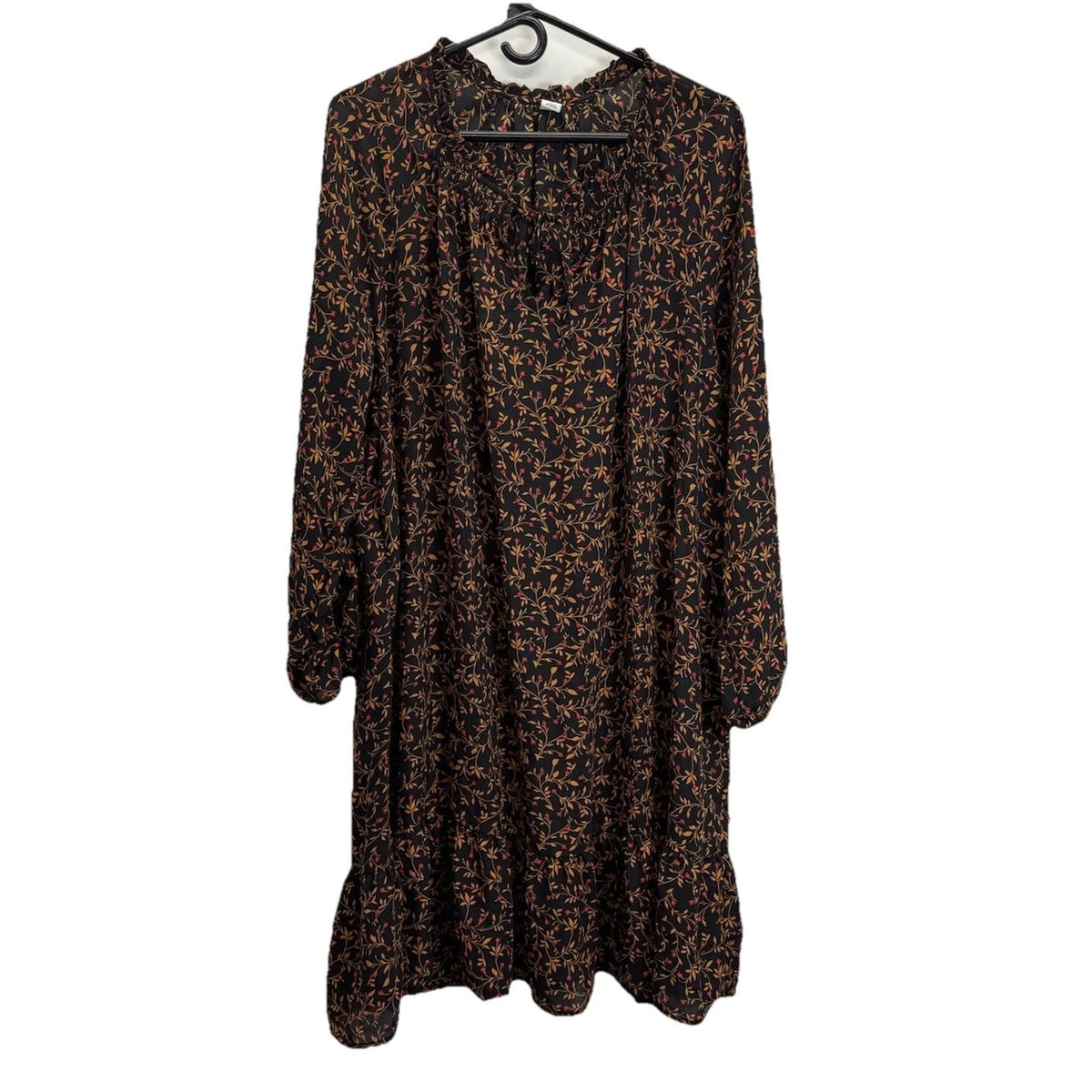 Old Navy Georgette Swing XL Black Floral Dress Midi Peasant Boho, Long Sleeve