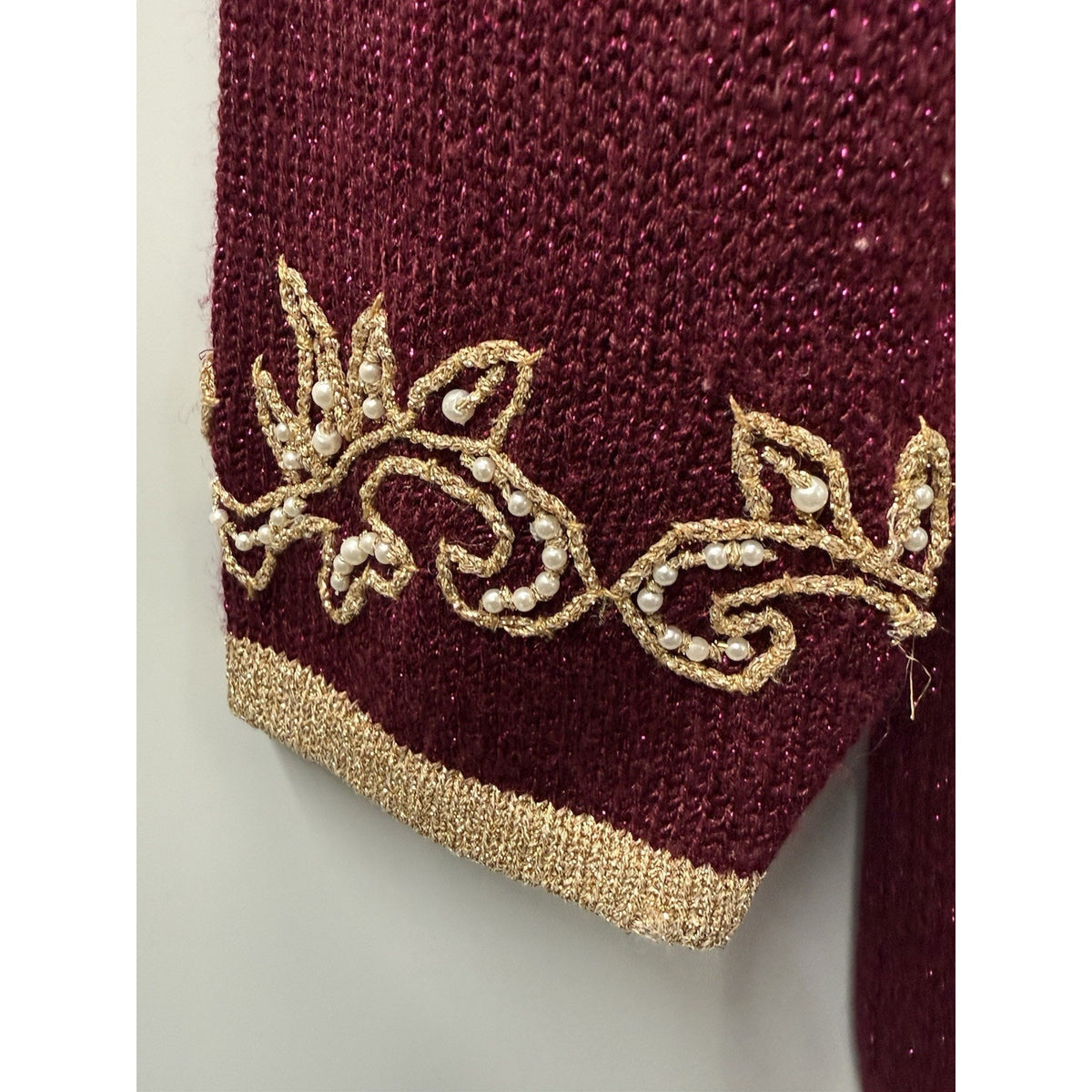 Vintage Jaclyn Smith Cardigan M Burgundy Gold Beaded Metallic Embroidered