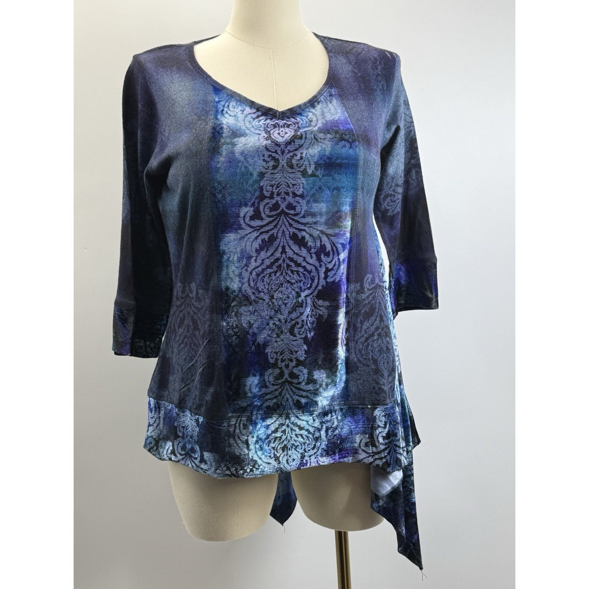 OneWorld Blue Abstract Sharkbite Tunic Top Large Boho Goth Asymmetrical