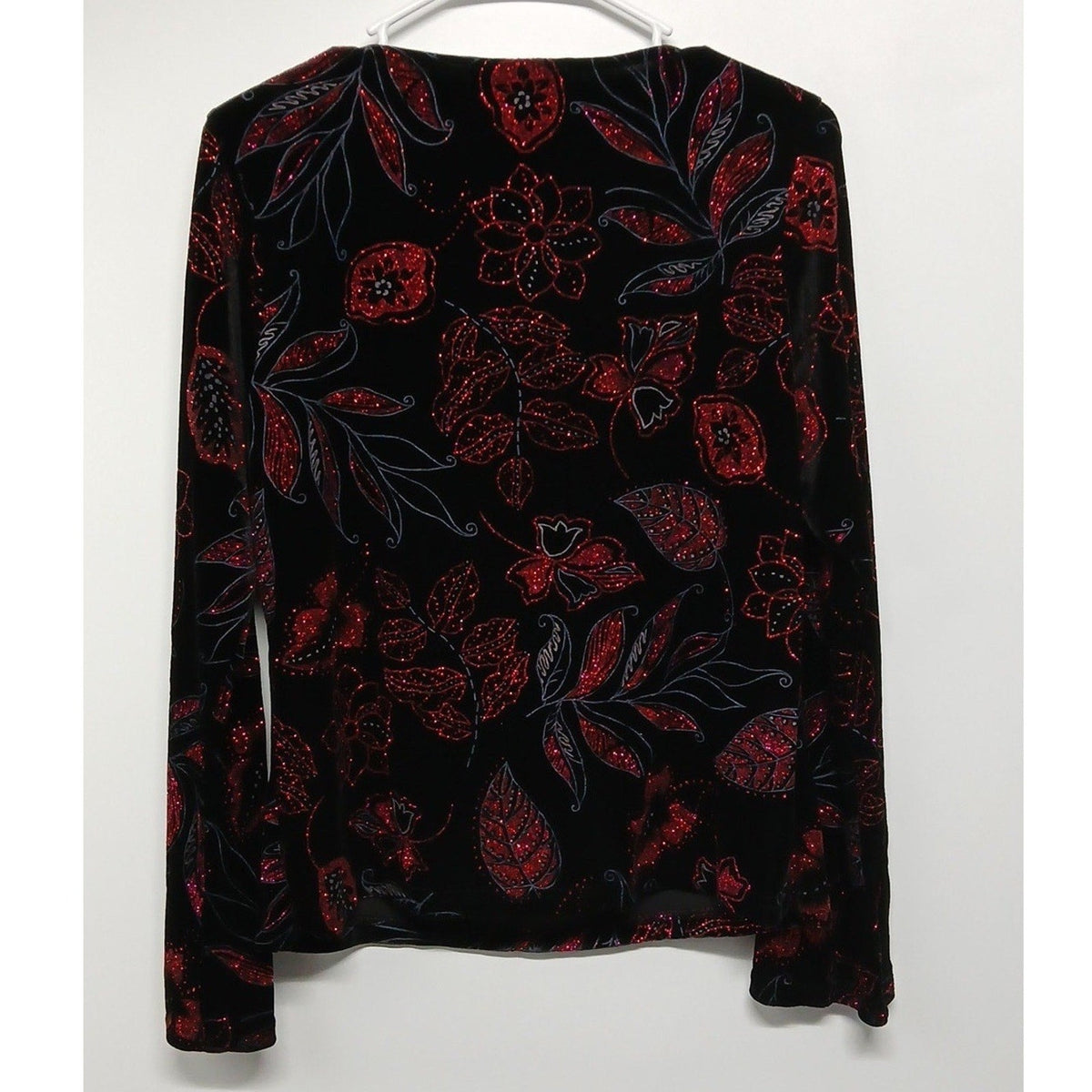 Leslie Fay Womens L Black Red Floral Velvet Glitter Cowl Neck Long Sleeve Top