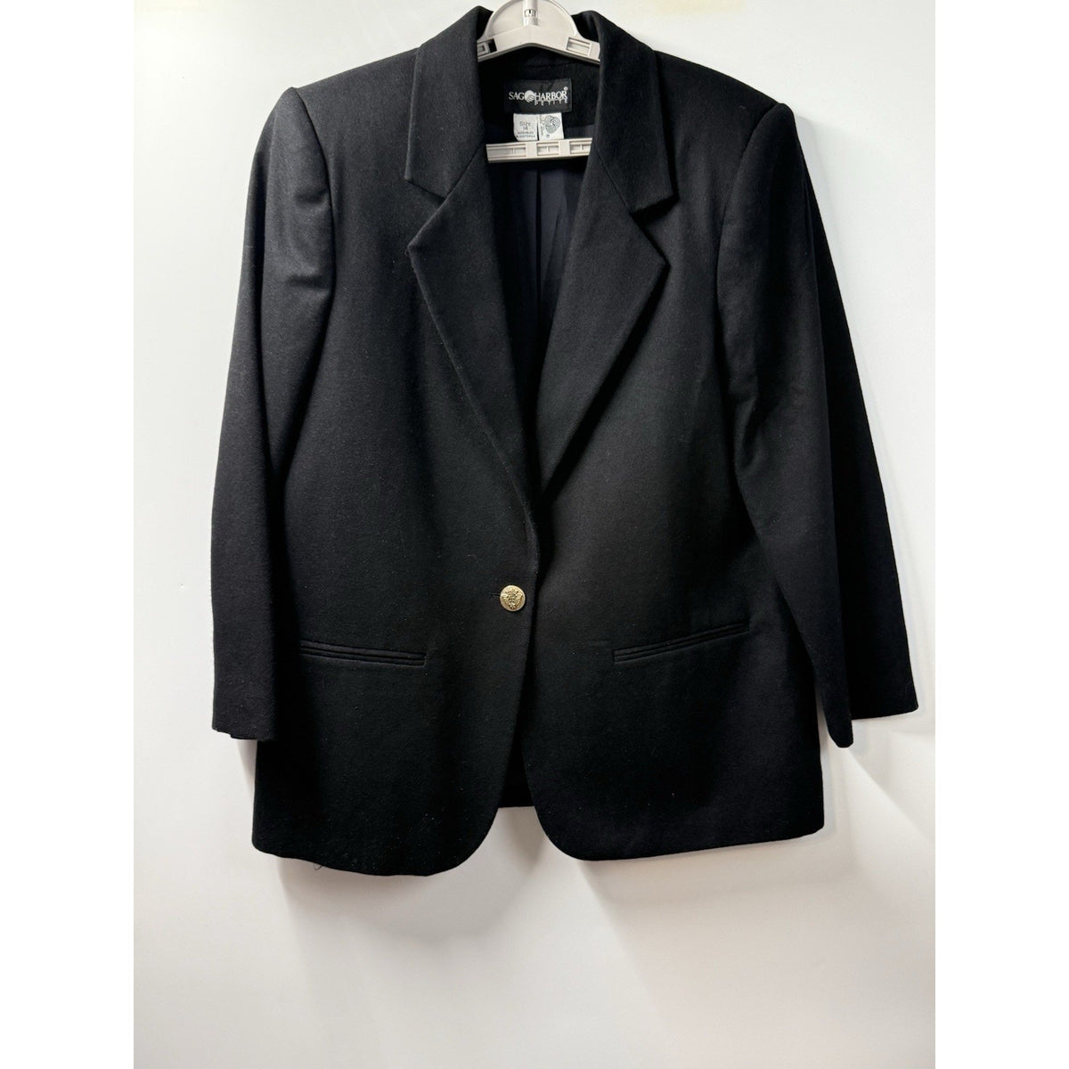 Sag Harbor Petite Blazer Womens 14 Black Wool Blend Gold Crest Button Classic