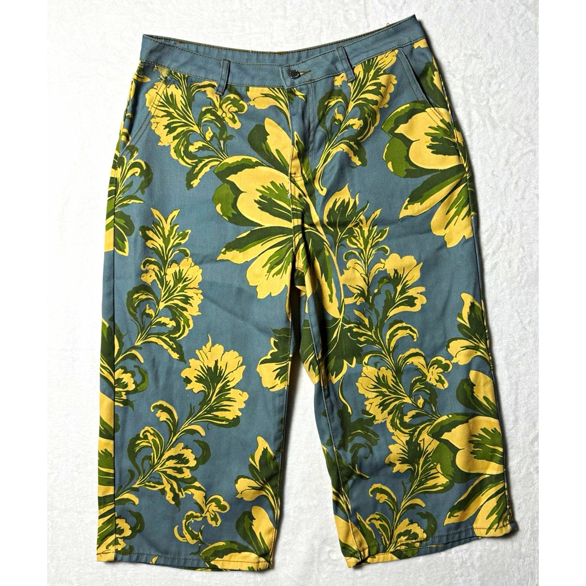 Women’s XL Floral Capri Pants Blue Green Yellow Lightweight Cropped Casual